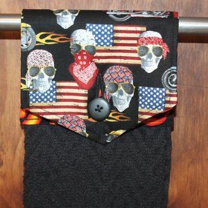 AMERICAN FLAG, MOTORCYCLE, SKULL FLAME HANDMADE HANGING KITCHEN BLACK HAND TOWEL